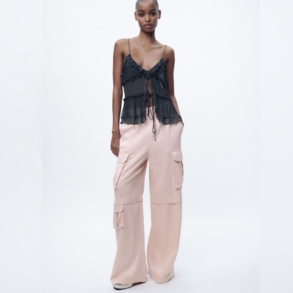 NWOT ZARA pink satin effect cargo Wide Leg Pants small
